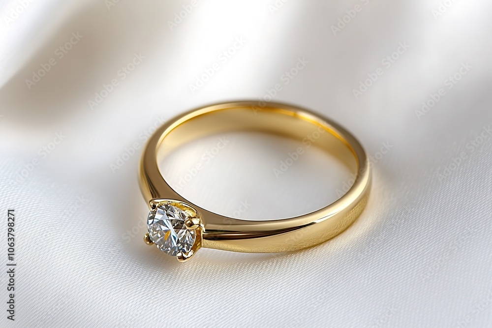 Golden engagement ring with a solitary diamond on silk. Golden engagement ring with a solitary diamond on silk.