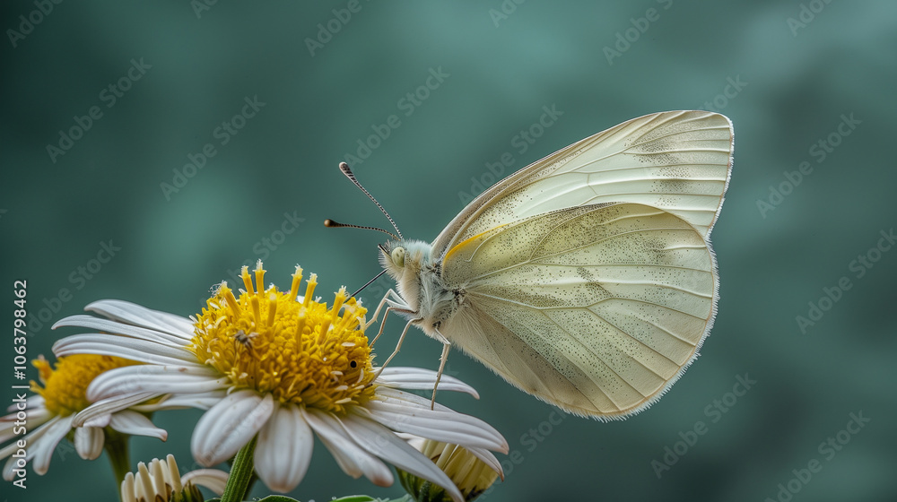 White Butterfly on Daisy Flower with Soft Green Background White Butterfly on Daisy Flower with Soft Green Background