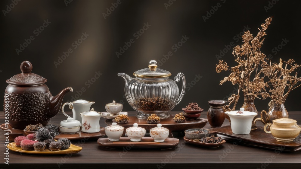Beautifully arranged tea set with various kinds of Chinese tea and traditional tea accessories Beautifully arranged tea set with various kinds of Chinese tea and traditional tea accessories