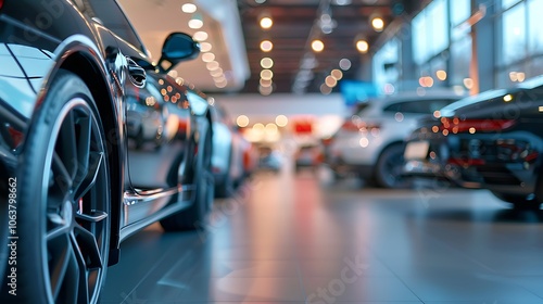 A soft-focus image of a sleek new car dealership, highlighting a row of cars in a well-lit, modern showroom with ample space for text.