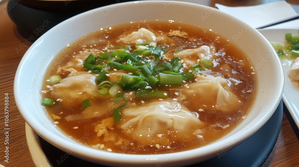 Beautifully presented wonton soup with tender meat and vegetables, garnished with green onions Beautifully presented wonton soup with tender meat and vegetables, garnished with green onions