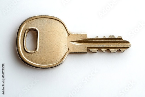 Golden key on white background with space for text