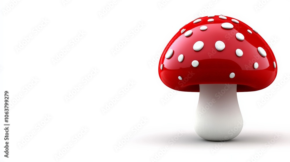 Red Mushroom Delight: A vibrant, glossy red mushroom with white polka dots stands out against a clean backdrop. Perfect for whimsical designs and fairytale themes.