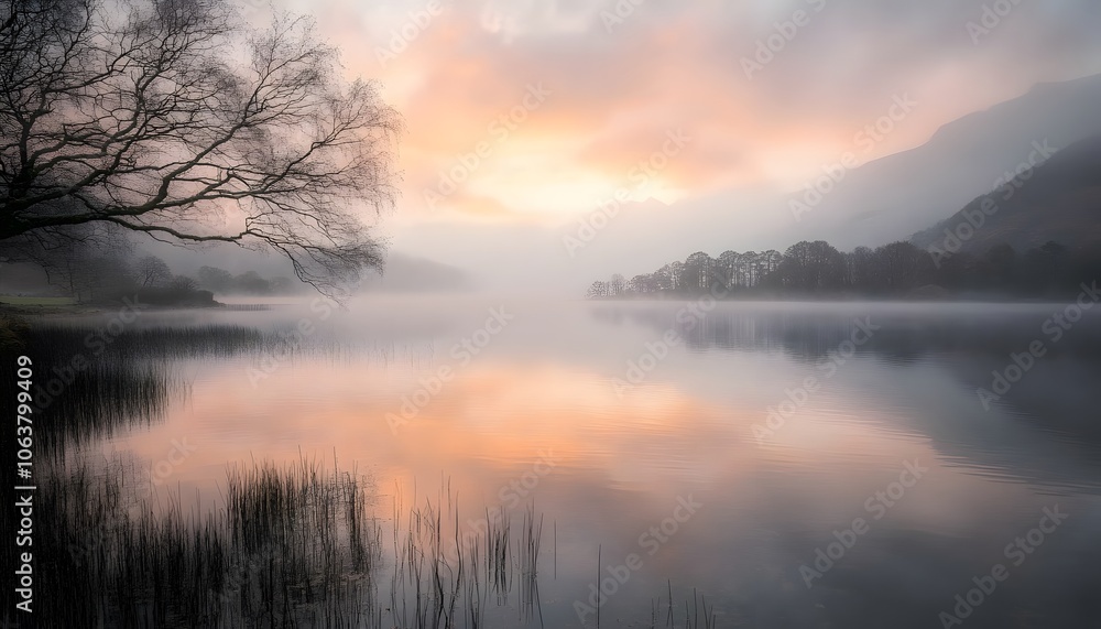 Serene landscape featuring a misty lake at sunrise, with soft colors reflecting on the water and a silhouetted tree in the foreground. Serene landscape featuring a misty lake at sunrise, with soft colors reflecting on the water and a silhouetted tree in the foreground.