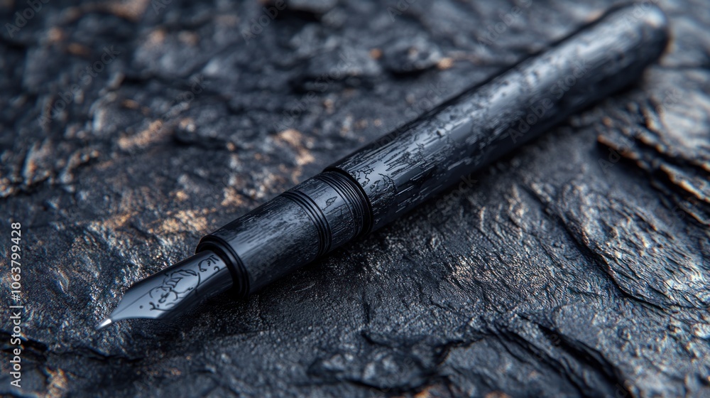A black fountain pen with a unique design lies on a textured surface. A black fountain pen with a unique design lies on a textured surface.