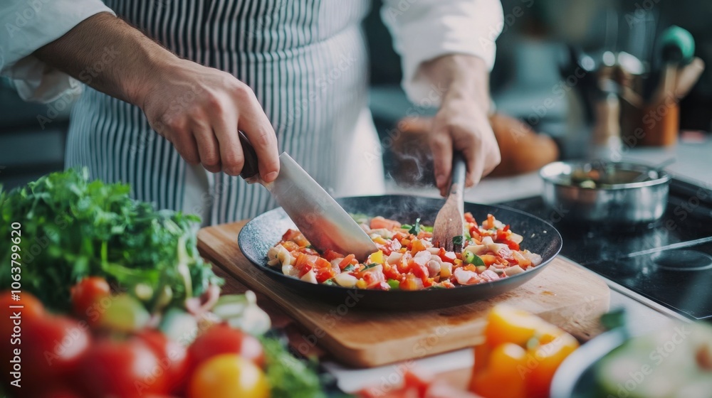 Chinese chef slicing fresh vegetables and meat for stir-frying on high heat in a modern kitchen Chinese chef slicing fresh vegetables and meat for stir-frying on high heat in a modern kitchen