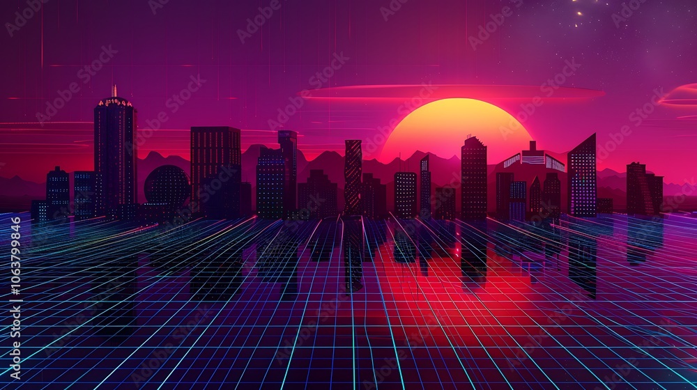 Obraz premium A stunning synthwave landscape with neon colors, futuristic skyscrapers, and a retro 80s cyberpunk feel, perfect for a vibrant wallpaper or banner.