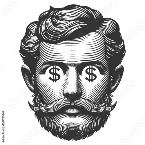 man with excited expression and dollar signs in his eyes, symbolizing greed or financial ambition sketch engraving generative ai vector illustration. Scratch board imitation. Black and white image.