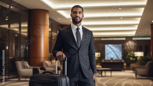 A confident business professional, dressed in a sharp suit, wheels his luggage through a luxurious hotel lobby.