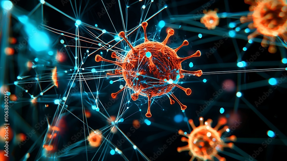 A digital 3D rendering of virus particles connected by network lines, symbolizing viral spread, communication, and biological connections. A digital 3D rendering of virus particles connected by network lines, symbolizing viral spread, communication, and biological connections.