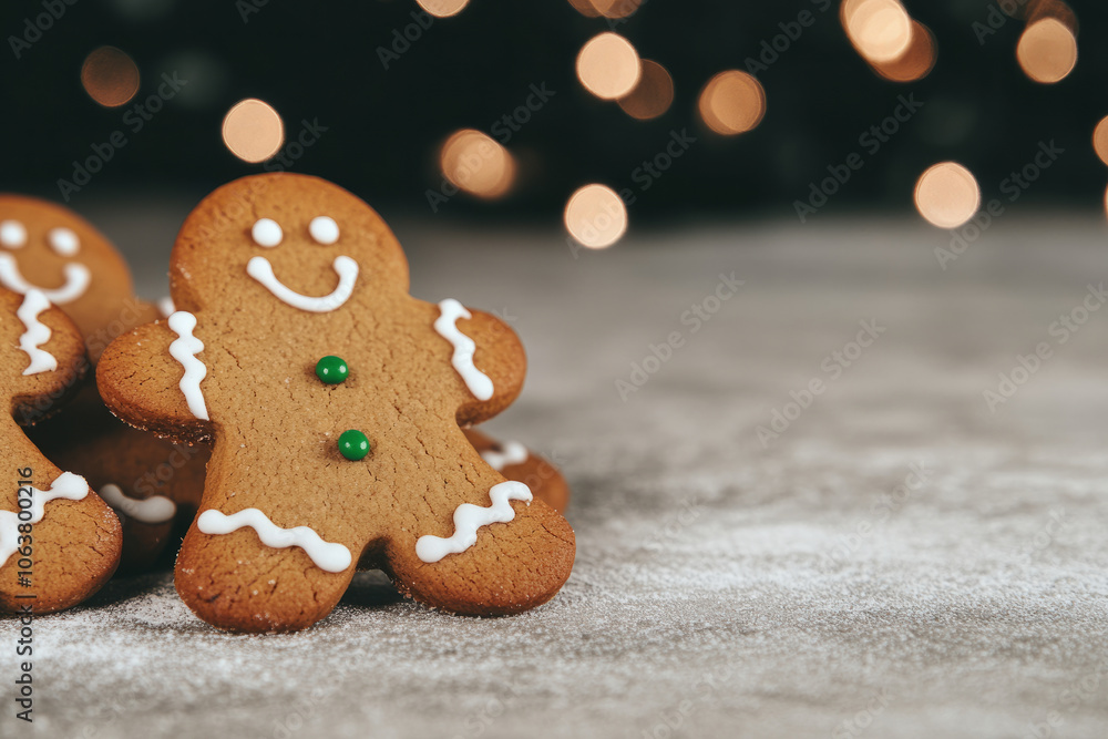 A gingerbread man is smiling and standing on a table A gingerbread man is smiling and standing on a table