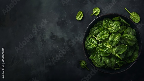 A top-down shot of fresh green spinach in a simple bowl, set against a minimalist black background with ample copy space, ideal for health and nutrition themes.