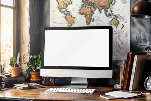 Ordinateur avec un écran blanc posé sur un bureau dans une pièce chaleureuse photo