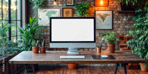 Ordinateur avec un écran blanc posé sur un bureau dans une pièce chaleureuse photo