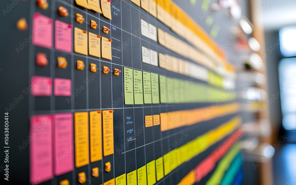 A colorful visual representation of a project management board with sticky notes organized by categories and priorities. A colorful visual representation of a project management board with sticky notes organized by categories and priorities.