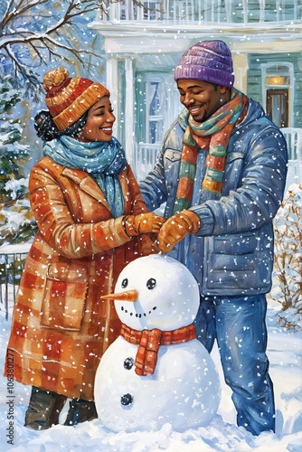 A happy African-American couple made a snowman.  Christmas illustration. 