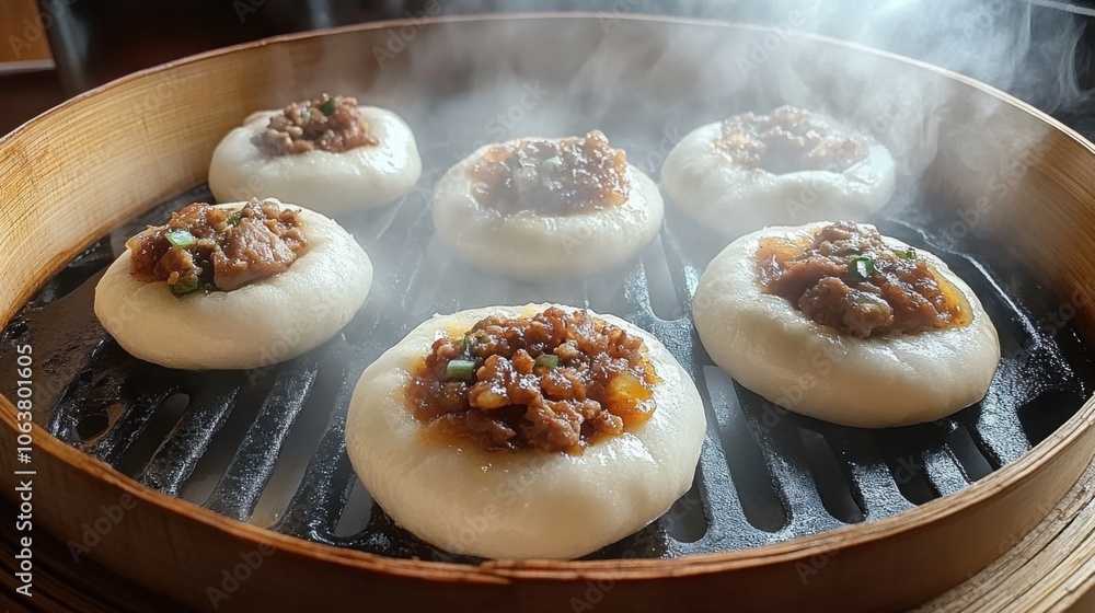 Steaming bao buns with a savory pork filling, fresh from the steamer, ready to be served Steaming bao buns with a savory pork filling, fresh from the steamer, ready to be served