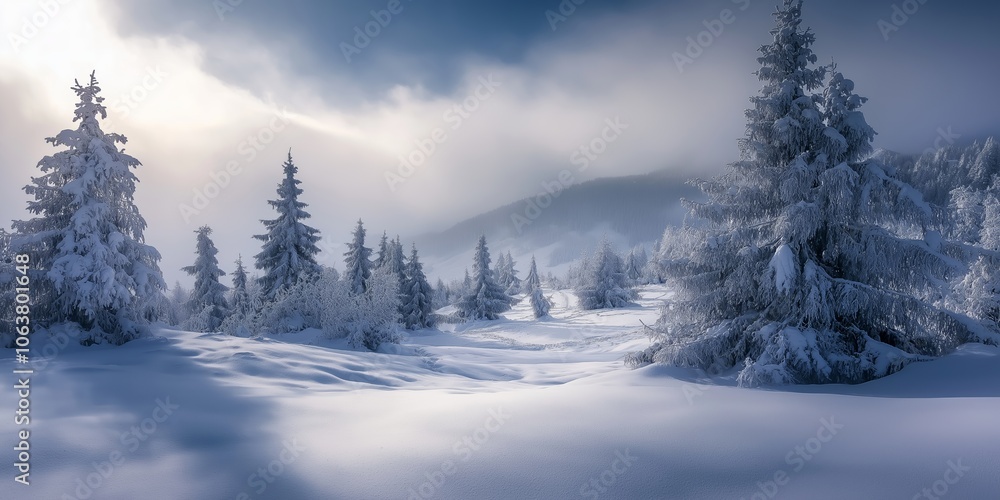 Obraz premium A breathtaking view of snow-laden trees set in a tranquil winter landscape, evoking peace and calmness.
