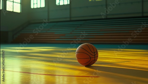 A basketball resting on a yellow basketball court photo