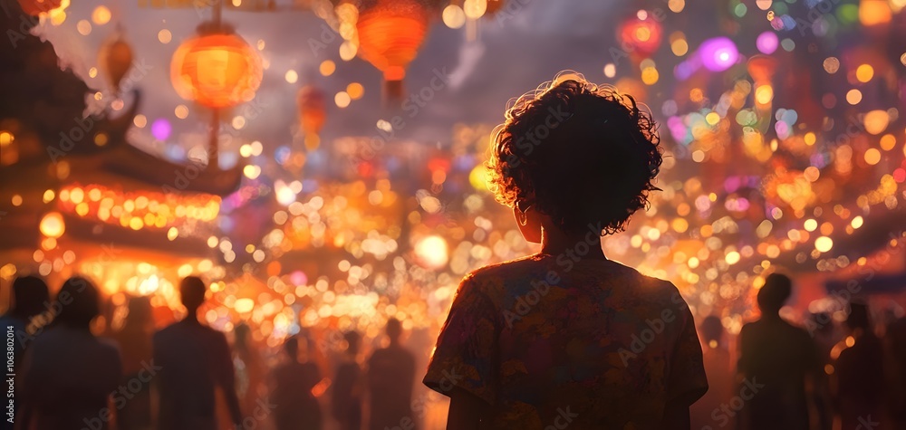 A mesmerizing scene of a person surrounded by vibrant lanterns and festive lights, evoking a sense of wonder and celebration. A mesmerizing scene of a person surrounded by vibrant lanterns and festive lights, evoking a sense of wonder and celebration.