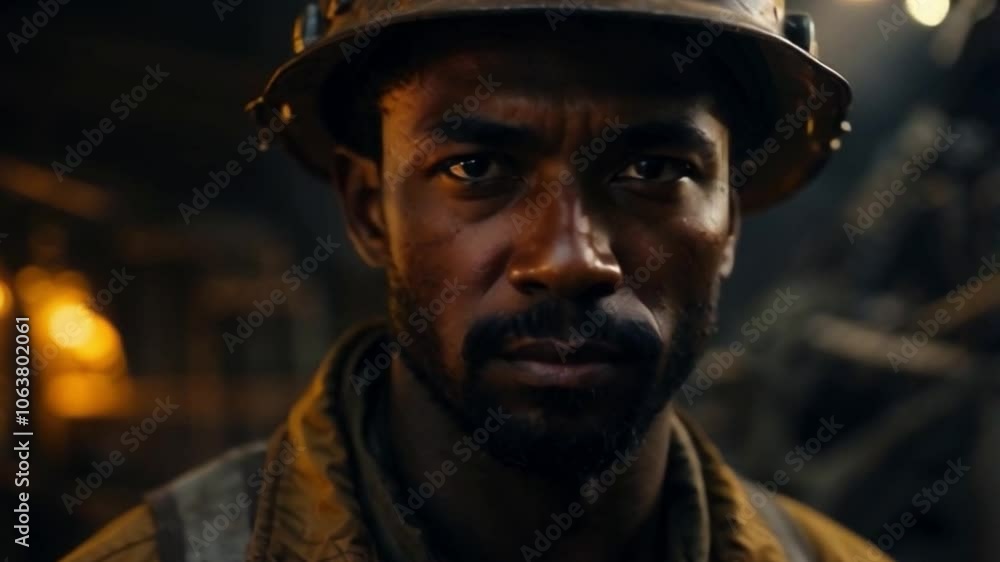 A brave black miner poses in the darkness of the earth's depths. concept of job, helmet, safety, employee, engineer, gold, working, professional, employment, engineering A brave black miner poses in the darkness of the earth's depths. concept of job, helmet, safety, employee, engineer, gold, working, professional, employment, engineering