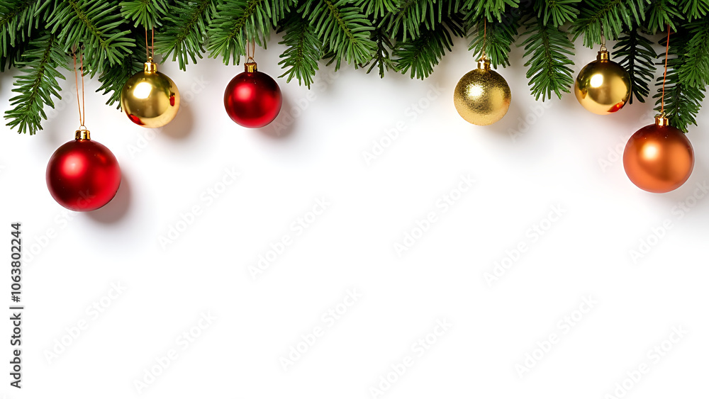 Gold and red ornaments hanging from lush greenery add a vibrant touch to blank white space embodying holiday cheerfulness and festive spirit Gold and red ornaments hanging from lush greenery add a vibrant touch to blank white space embodying holiday cheerfulness and festive spirit