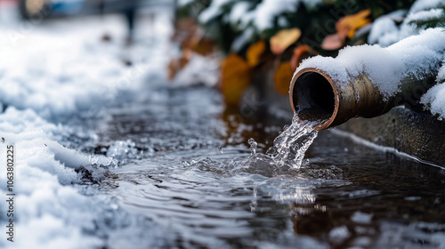 Obraz na płótnie Frozen garden pipe burst causes water to flow, creating a winter flood in the landscape w salonie