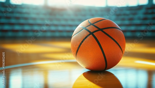 Close-up of a basketball resting on a wooden floor