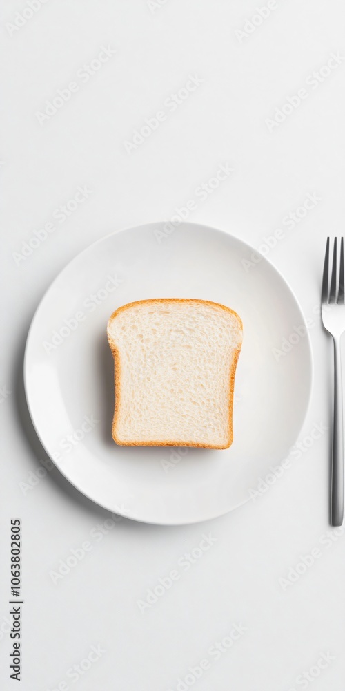 Minimalist food concept: single slice of white bread on a plate with a fork on a white background Minimalist food concept: single slice of white bread on a plate with a fork on a white background