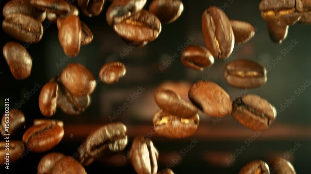 Super Slow Motion of Falling Coffee Beans. Filmed on High Speed Cinema Camera, 1000 fps. Blur Kitchen Industrial Interior on Background. Super Slow Motion of Falling Coffee Beans. Filmed on High Speed Cinema Camera, 1000 fps. Blur Kitchen Industrial Interior on Background.