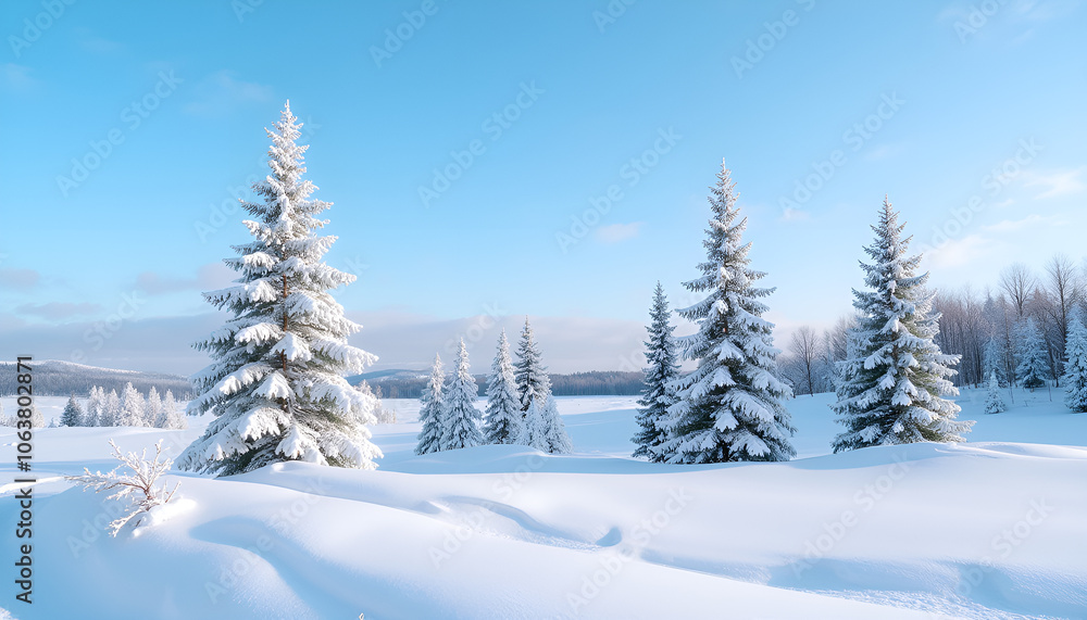 Fototapeta premium Dazzlingly white from fluffy frost winter fits on fresh fluffy snow on which fresh traces of sledge runners are visible. Classic winter postcard landscape. Gentle blue sky and cold radiant sun.
