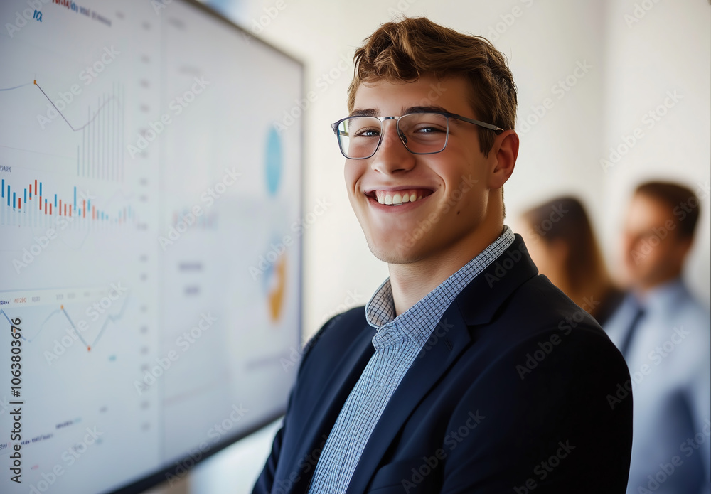custom made wallpaper toronto digitalBusinessman standing in a well lit office background with coworkers in the background, all infront of a chart depicting upwards growth and increase for a business or marketing concept