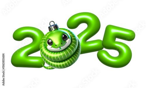 2025 New Year with Cute 3D green snake in the form of a Christmas ball. Symbol of the 2025 New year, zodiac sign. Isolated png on white background