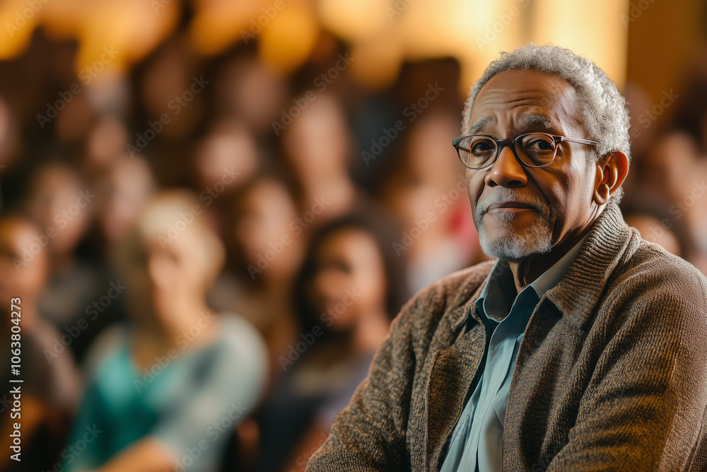 African-American senior professor is giving a lecture to a large group of students in the University African-American senior professor is giving a lecture to a large group of students in the University