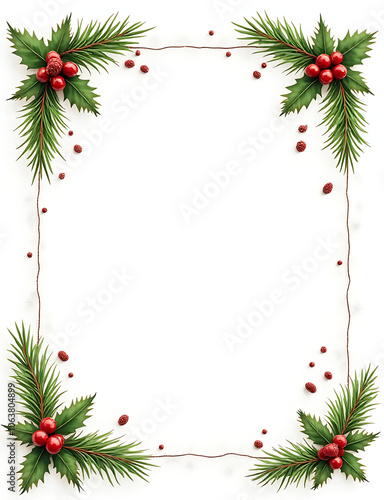 Festive winter holiday decorations feature realistic elements like fir branches holly leaves and pine cones in a vector illustration style photo