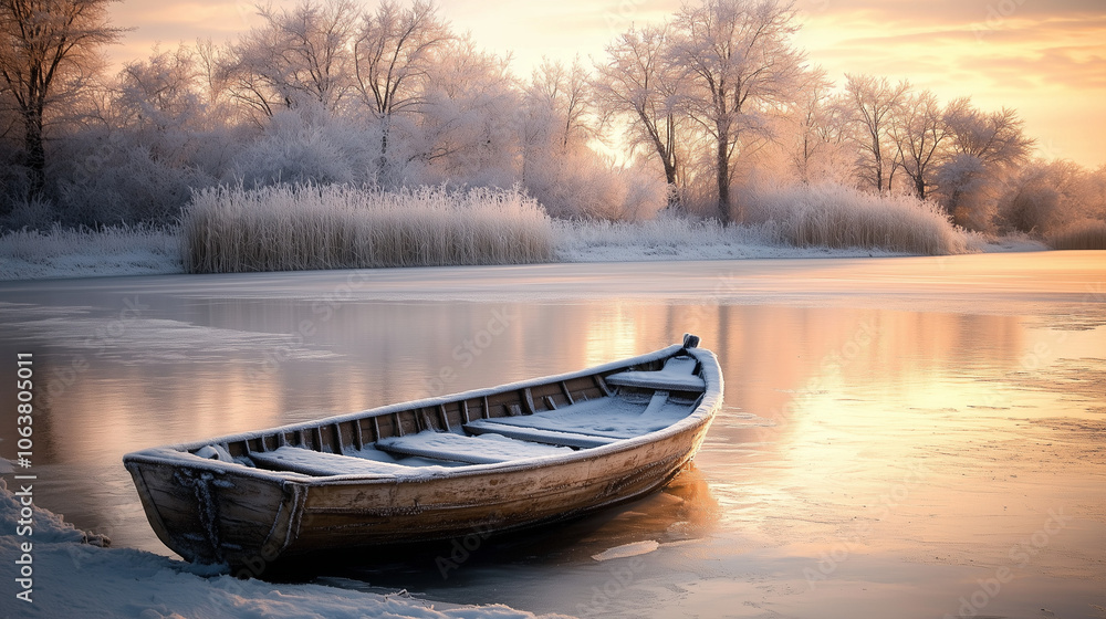 Old wooden boat rests on frozen lake surrounded by frosty trees at dawn Old wooden boat rests on frozen lake surrounded by frosty trees at dawn