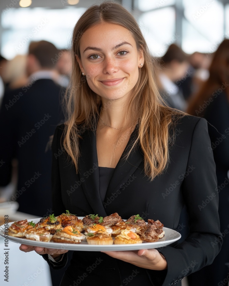 Businesswoman at Food Tasting Event Smiling with Platter Businesswoman at Food Tasting Event Smiling with Platter