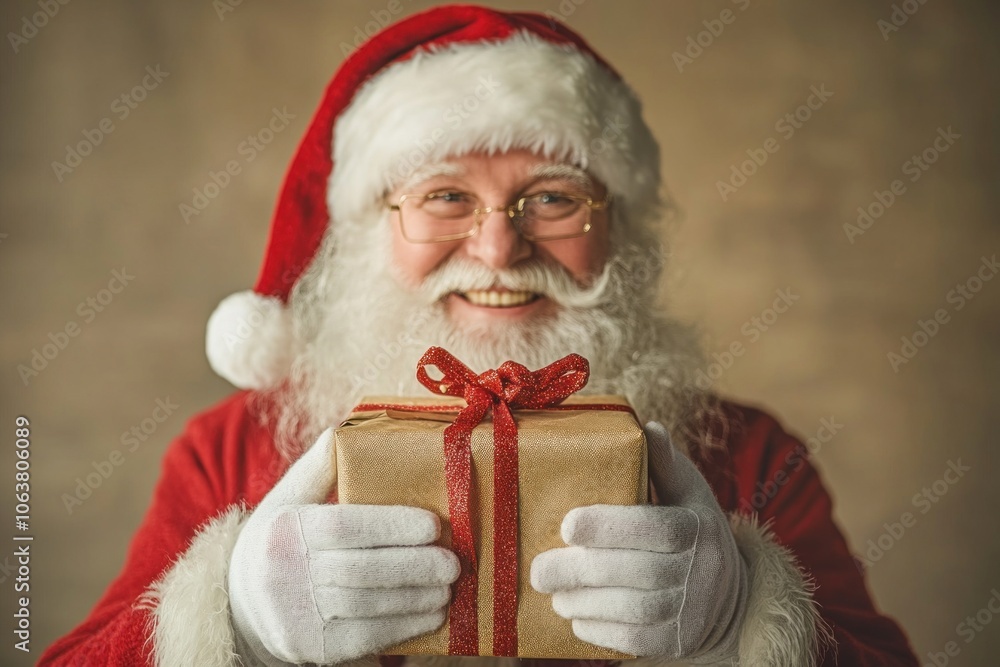 Santa claus holding christmas gift with red ribbon and smiling Santa claus holding christmas gift with red ribbon and smiling