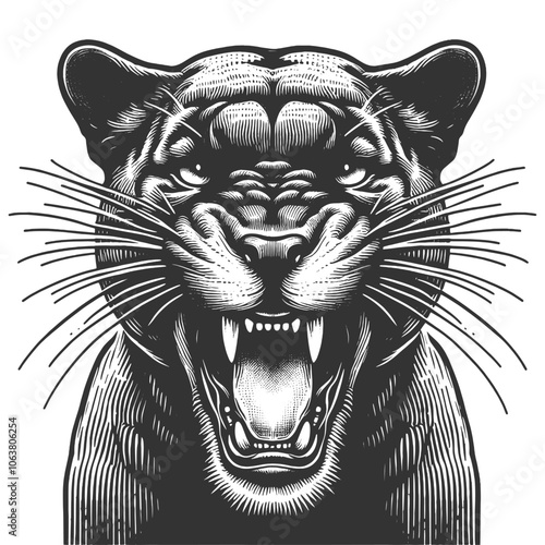 fierce roar growling panther head. Tattoo design, evoking a wild and powerful presence sketch engraving generative ai vector illustration. Scratch board imitation. Black and white image.