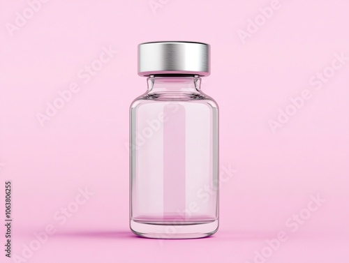 A clear glass vial with a metal cap on a pink background, often used for containing liquids, medicines, or samples.