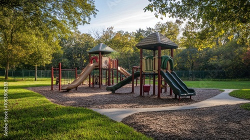 A vibrant playground with slides and climbing structures, surrounded by lush trees and grassy areas.