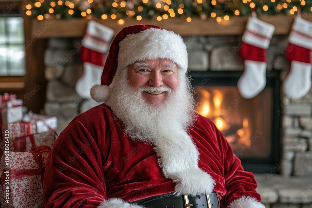 © Minerva Studio - Santa claus smiling near fireplace and christmas gifts