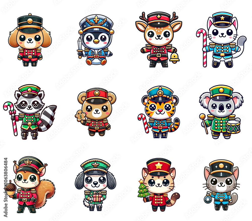 Set of Cute Animal Nutcracker Characters in Festive Military Uniforms, Isolated on Transparent Background Set of Cute Animal Nutcracker Characters in Festive Military Uniforms, Isolated on Transparent Background