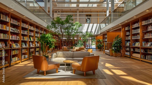 Cozy and Modern Library Interior with Bookshelves Furniture and Natural Lighting