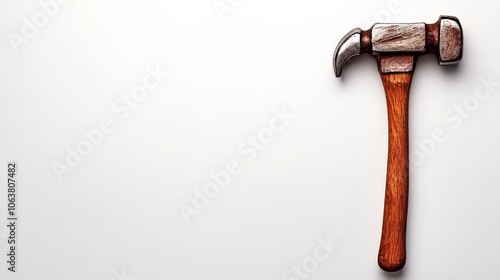 Hammer Time: A close-up shot of a weathered hammer with a wooden handle, lying horizontally on a clean white surface. The image evokes feelings of hard work, dedication, and construction. photo