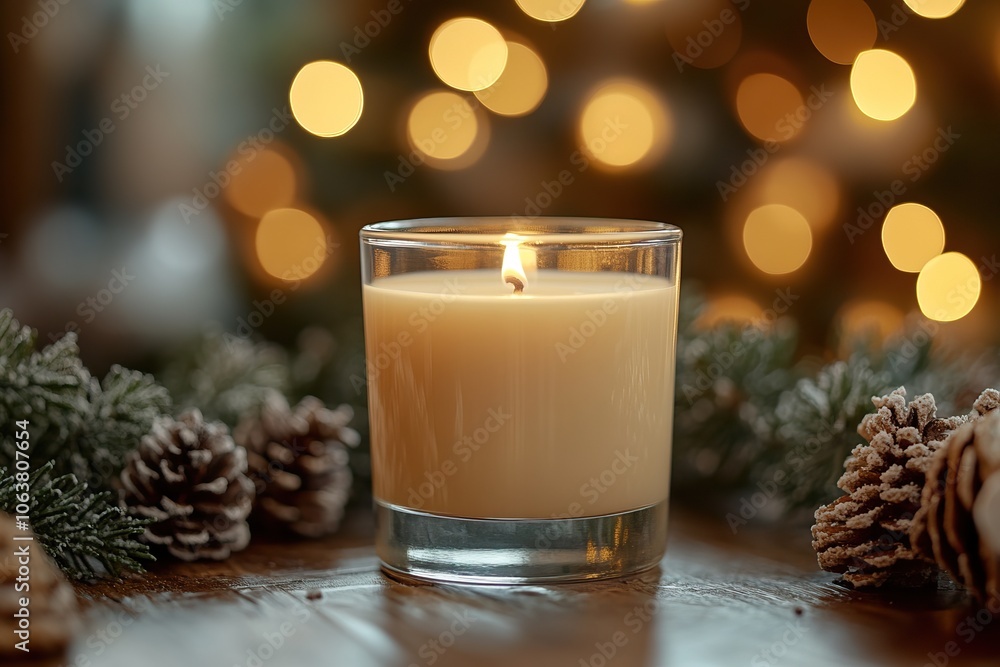 A cozy candle in a glass holder illuminated against a softly glowing, festive background, surrounded by pinecones and greenery. A cozy candle in a glass holder illuminated against a softly glowing, festive background, surrounded by pinecones and greenery.
