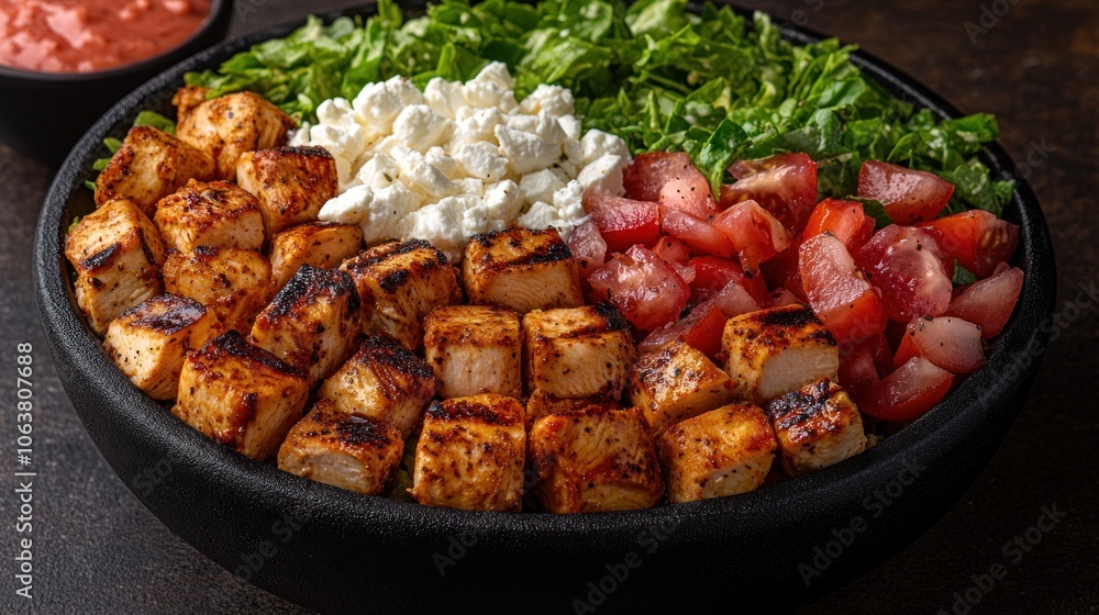 A close-up of a chicken salad bowl with grilled chicken, tomatoes, feta cheese, lettuce, and dressing. A close-up of a chicken salad bowl with grilled chicken, tomatoes, feta cheese, lettuce, and dressing.