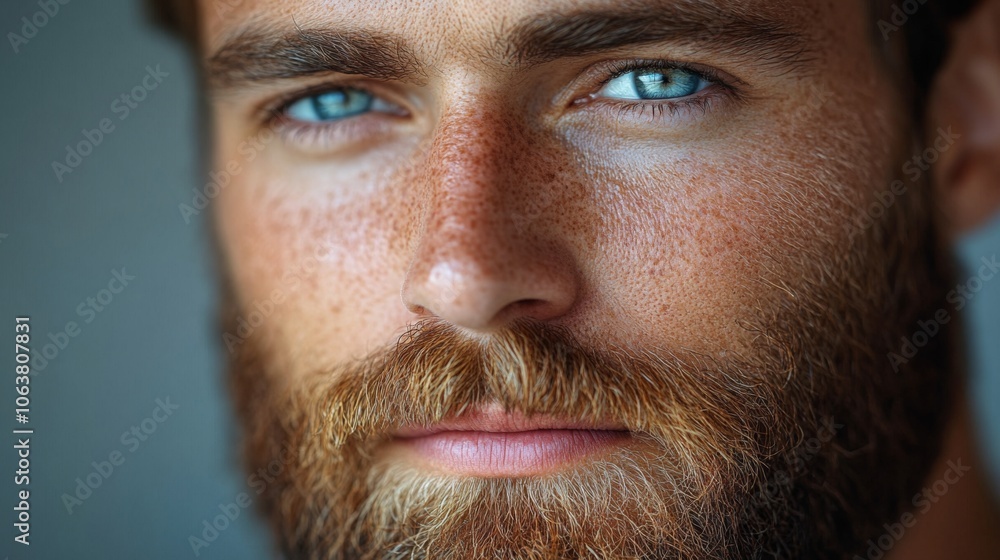 The young man gazes directly at the camera, his striking blue eyes contrasting with his well-groomed beard. The soft background highlights his facial features. The young man gazes directly at the camera, his striking blue eyes contrasting with his well-groomed beard. The soft background highlights his facial features.