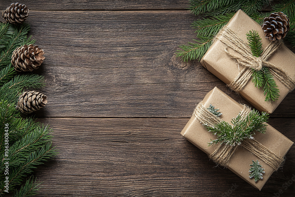 Rustic Handcrafted Gift Boxes on Wooden Background Rustic Handcrafted Gift Boxes on Wooden Background