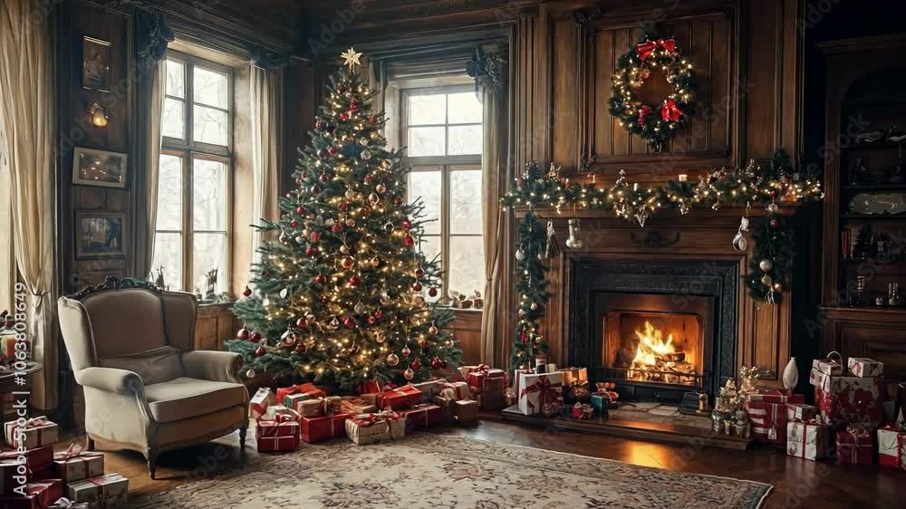 custom made wallpaper toronto digitalElegant Christmas living room with a grand tree, glowing fireplace, and festive decor, evoking a warm holiday ambiance in a classic, cozy setting